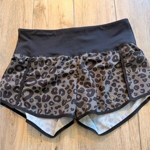 Gray Leopard Print Athletic Shorts with Black Waistband
